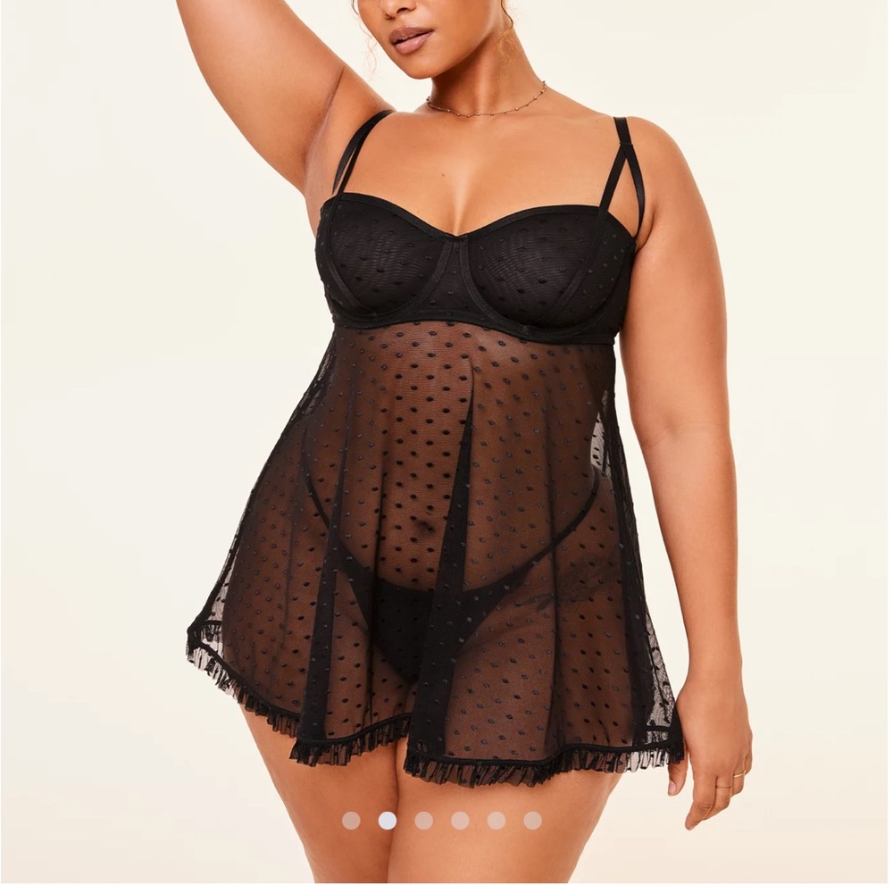 Adore Me Mesh Swiss Dot Ruffle Trim Chemise Negliglee Slip Black, Sz XL